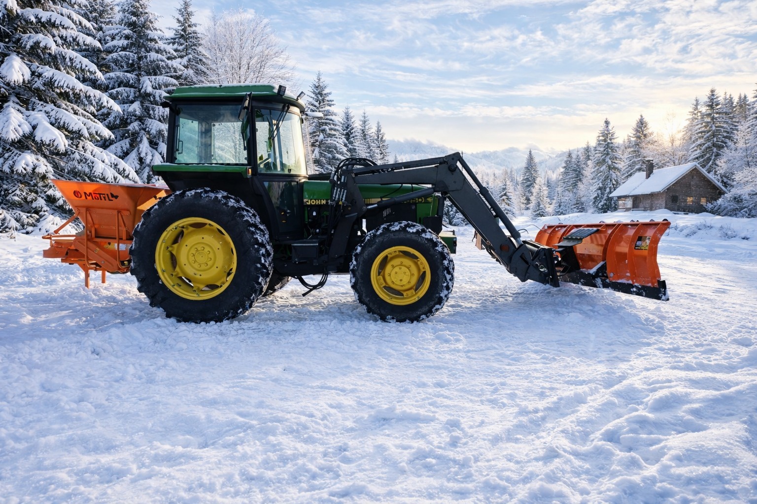 Zielony traktor John Deere z pomarańczowym pługiem i rozsiewaczem soli na ośnieżonej drodze, w tle zasypane śniegiem drzewa i mały domek.