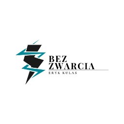 BezZwarcia - Logo firmy 'Bez Zwarcia Eryk Kulas' z symbolem błyskawicy w kolorach czarnym i turkusowym na białym tle. Minimalistyczny design.
