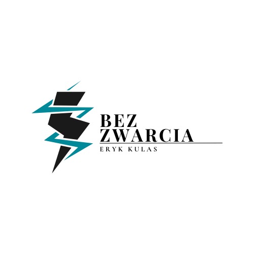 Logo firmy 'Bez Zwarcia Eryk Kulas' z symbolem błyskawicy w kolorach czarnym i turkusowym na białym tle. Minimalistyczny design.