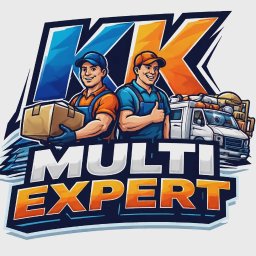 Ogólnobudowlana - Ilustracja dwóch uśmiechniętych pracowników w kombinezonach, z kartonem i gestem aprobaty, na tle furgonetki i napisu 'MULTI EXPERT'.