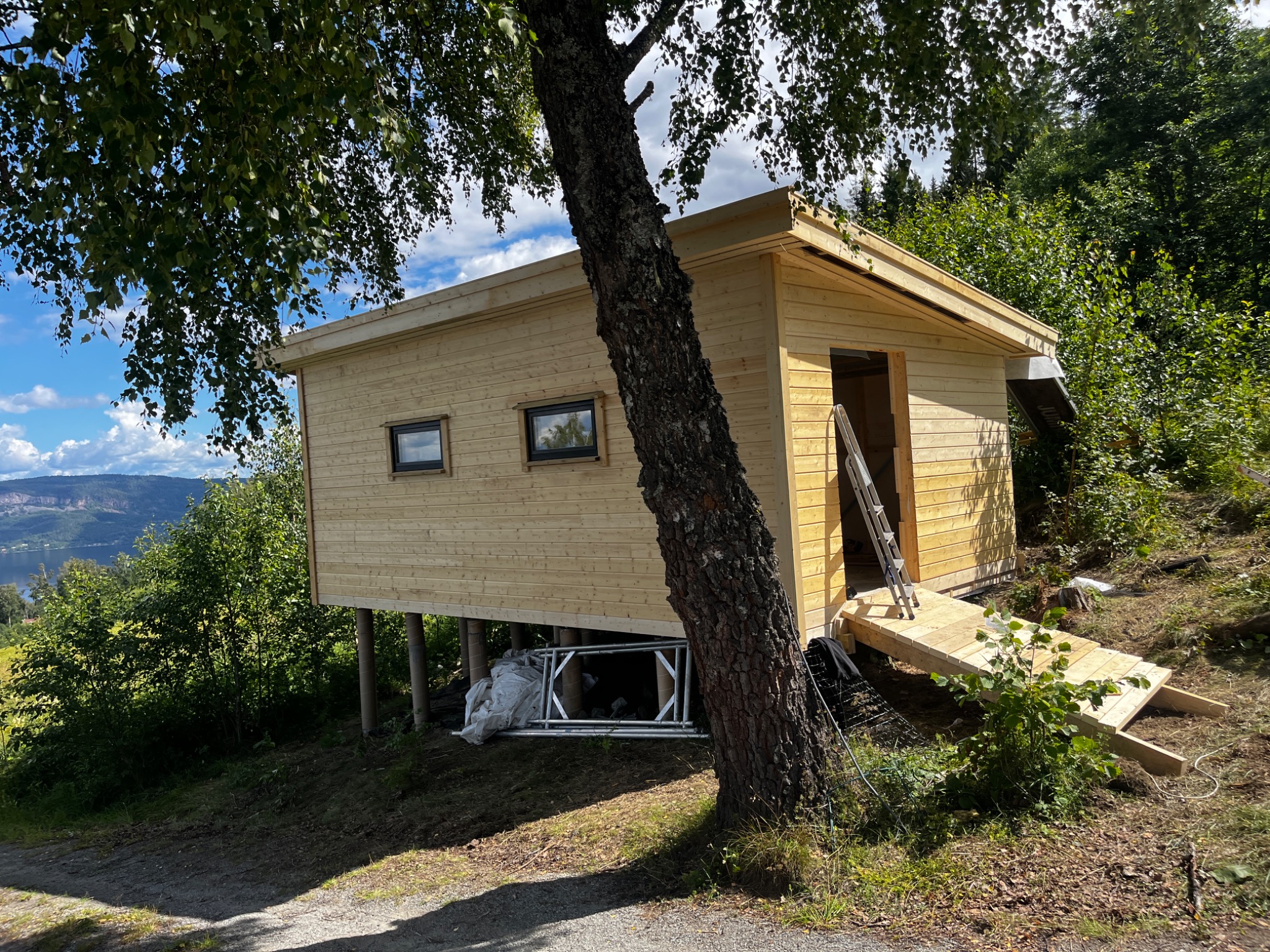 Drewniany domek letniskowy na palach, z widoczną drabiną i wejściem. Konstrukcja w surowym drewnie, otoczona zielenią i drzewem na pierwszym planie.
