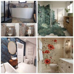 Freshhomestudio - Mozaika wzorzystych płytek w łazience z wolnostojącą wanną i kabiną prysznicową. Aranżacja z motywem kwiatowym i geometrycznym. Nowoczesny design.