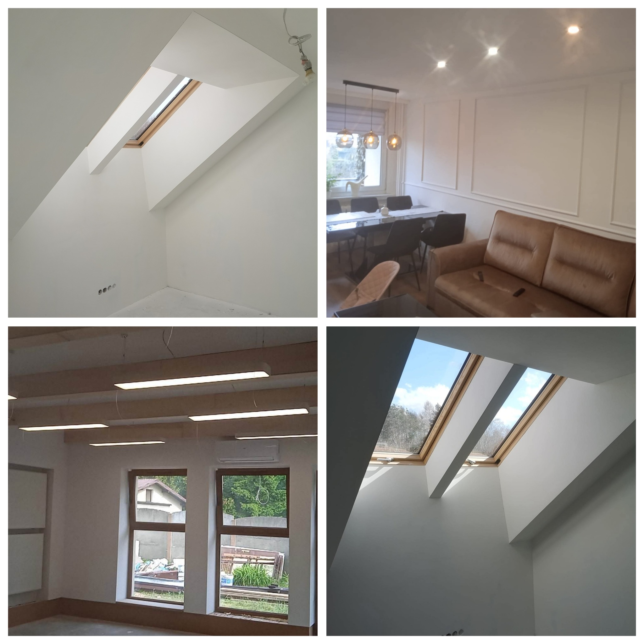 Kolaż czterech wnętrz po remoncie: pokój z oknem dachowym, salon z sofą, biuro z oknami i pokój z dwoma oknami dachowymi. Ściany pomalowane na biało.