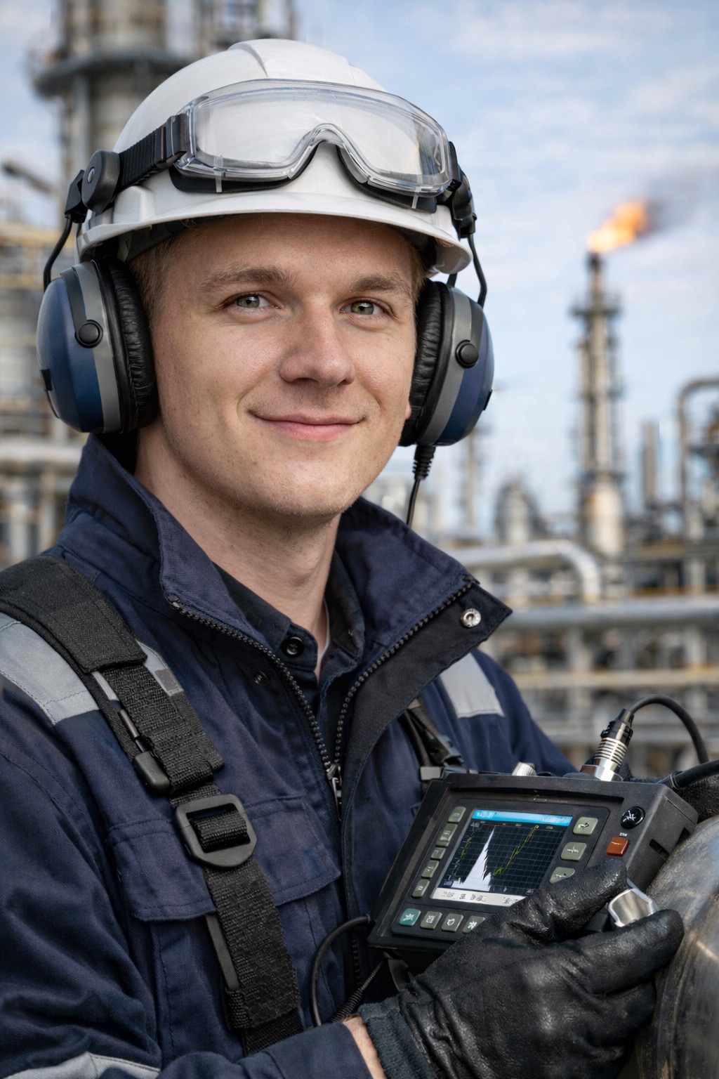 Pracownik w kasku i słuchawkach ochronnych, z urządzeniem diagnostycznym w ręku, kontroluje instalację przemysłową z płomieniem w tle. Badanie NDT.