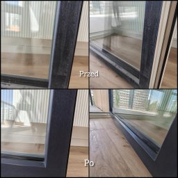 Klaudia Wymiata Klaudia Golonka - Okno balkonowe po umyciu, widok z bliska. Porównanie stanu przed i po czyszczeniu ramy i szyby. Widoczne refleksy światła na czystej powierzchni.