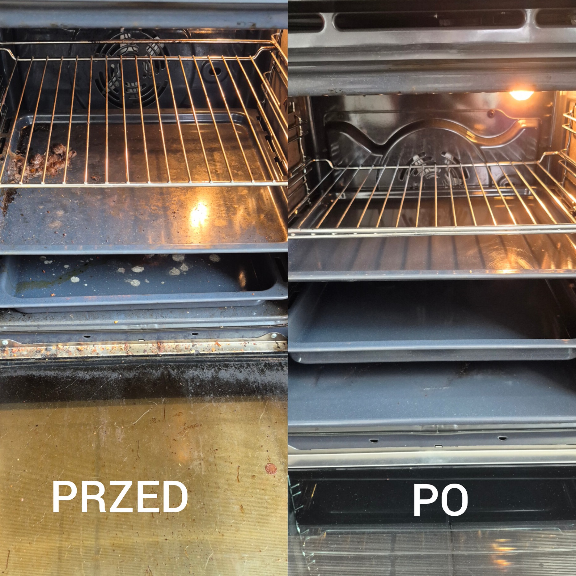 Piekarnik przed i po czyszczeniu: widoczne zabrudzenia i lśniąca czystość. Porównanie stanu wnętrza piekarnika przed i po usłudze sprzątania.