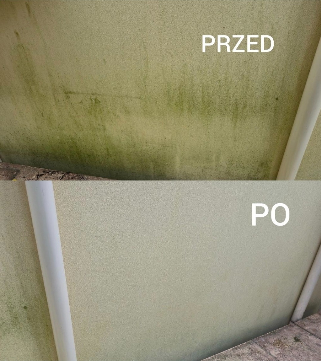 Ściana z widocznym efektem czyszczenia: część górna z zielonym nalotem (PRZED), dolna - czysta, jasna (PO). Widoczne białe rury i fragment chodnika.