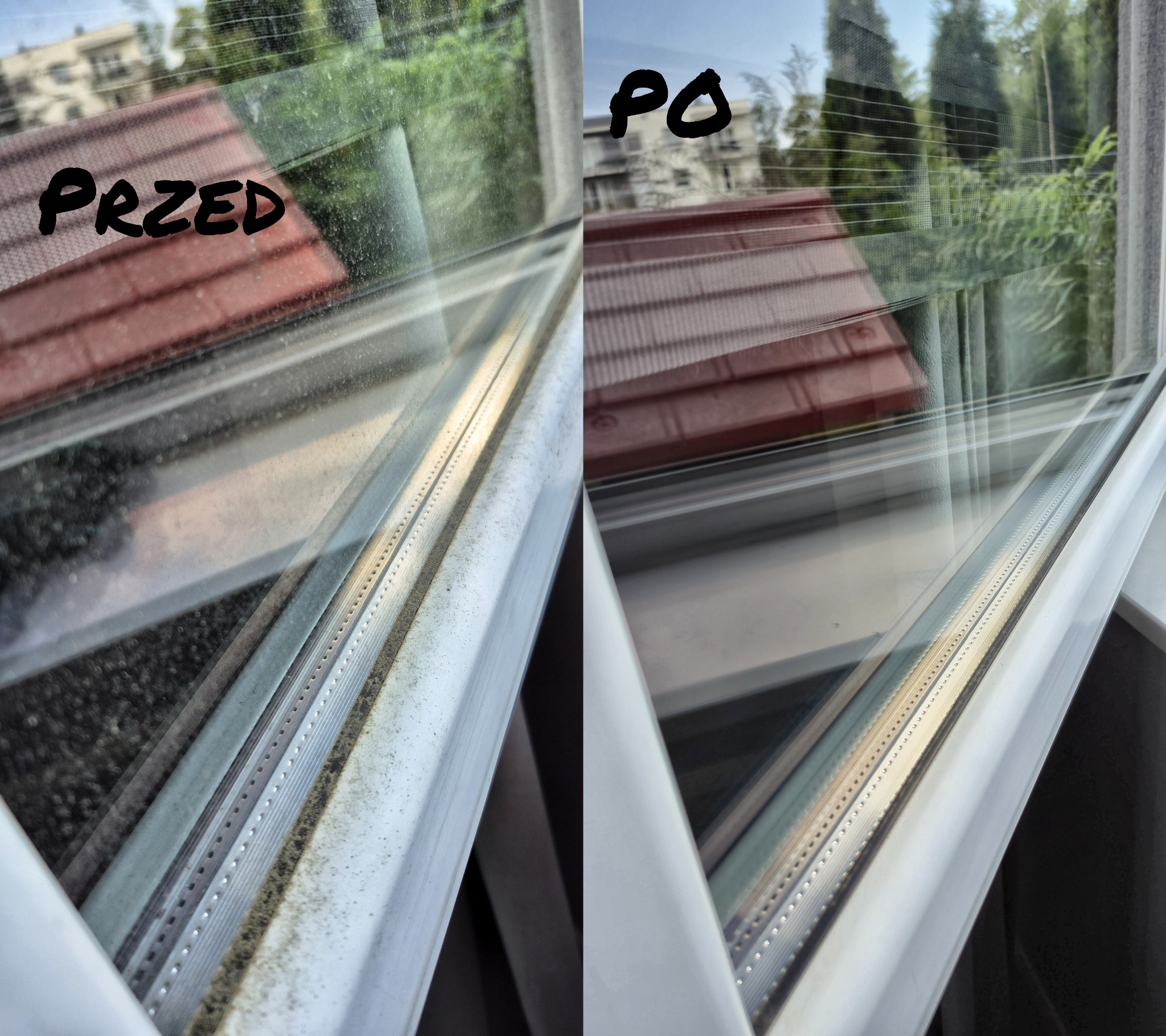Okno PCV przed i po umyciu, widoczne zabrudzenia na ramie i szybie okiennej. Porównanie czystości okna z zewnątrz, z widocznym budynkiem i zielenią w tle.