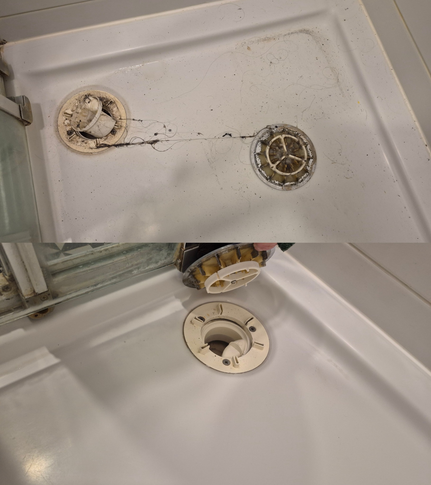 Udrożniony odpływ prysznica: porównanie stanu przed i po czyszczeniu. Widoczne usunięte zanieczyszczenia i czysty brodzik.