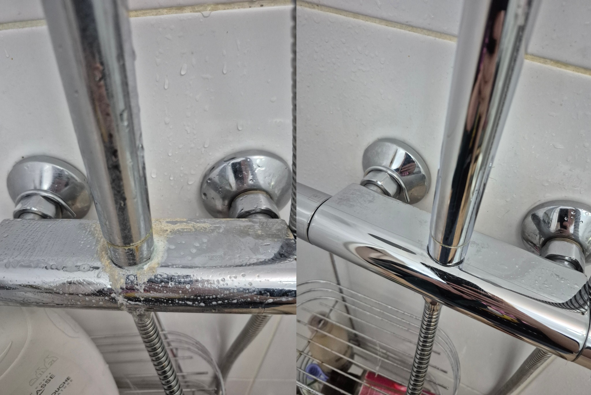 Kran prysznicowy przed i po czyszczeniu z osadów kamienia. Widoczne efekty sprzątania, chromowana armatura błyszczy po usunięciu zabrudzeń.