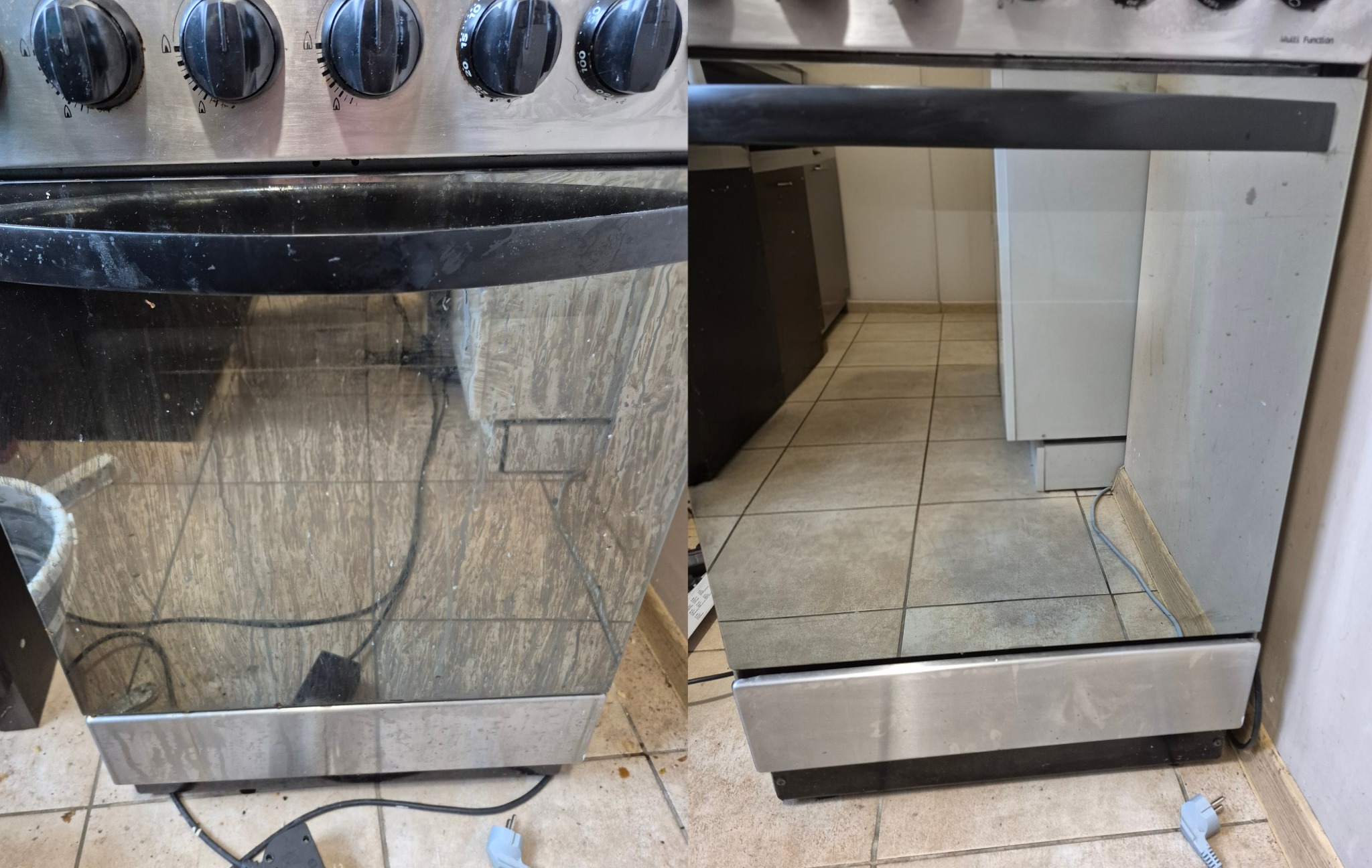 Zdjęcie 'przed i po' czyszczenia szyby piekarnika. Po lewej brudna szyba, po prawej czysta, odbijająca otoczenie. Widoczne pokrętła i fragment płyty kuchennej.