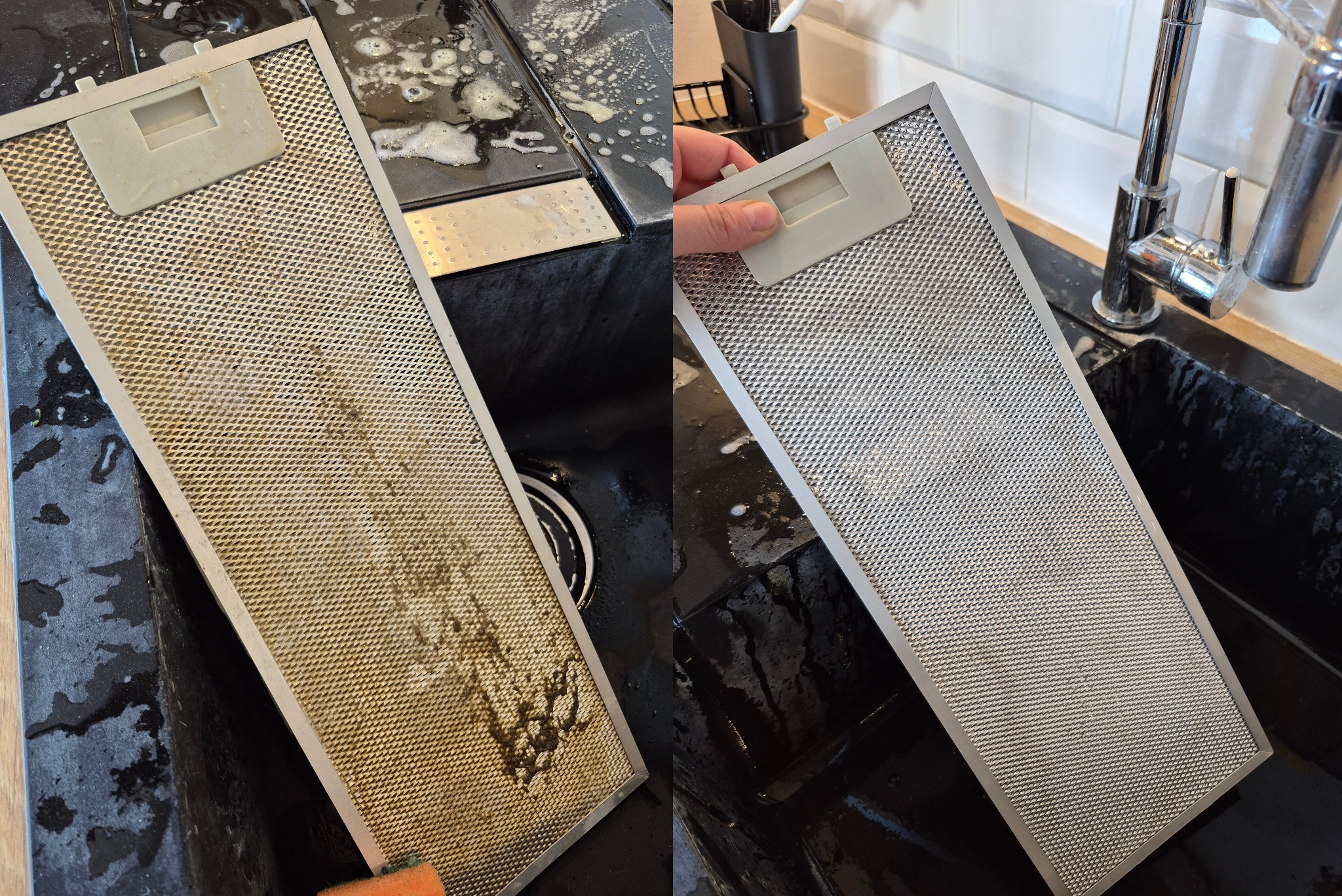 Filtr okapu kuchennego: po lewej zabrudzony, po prawej czysty po umyciu. Widoczny zlew i bateria. Ujęcie typu 'przed i po' prezentuje efekt czyszczenia.