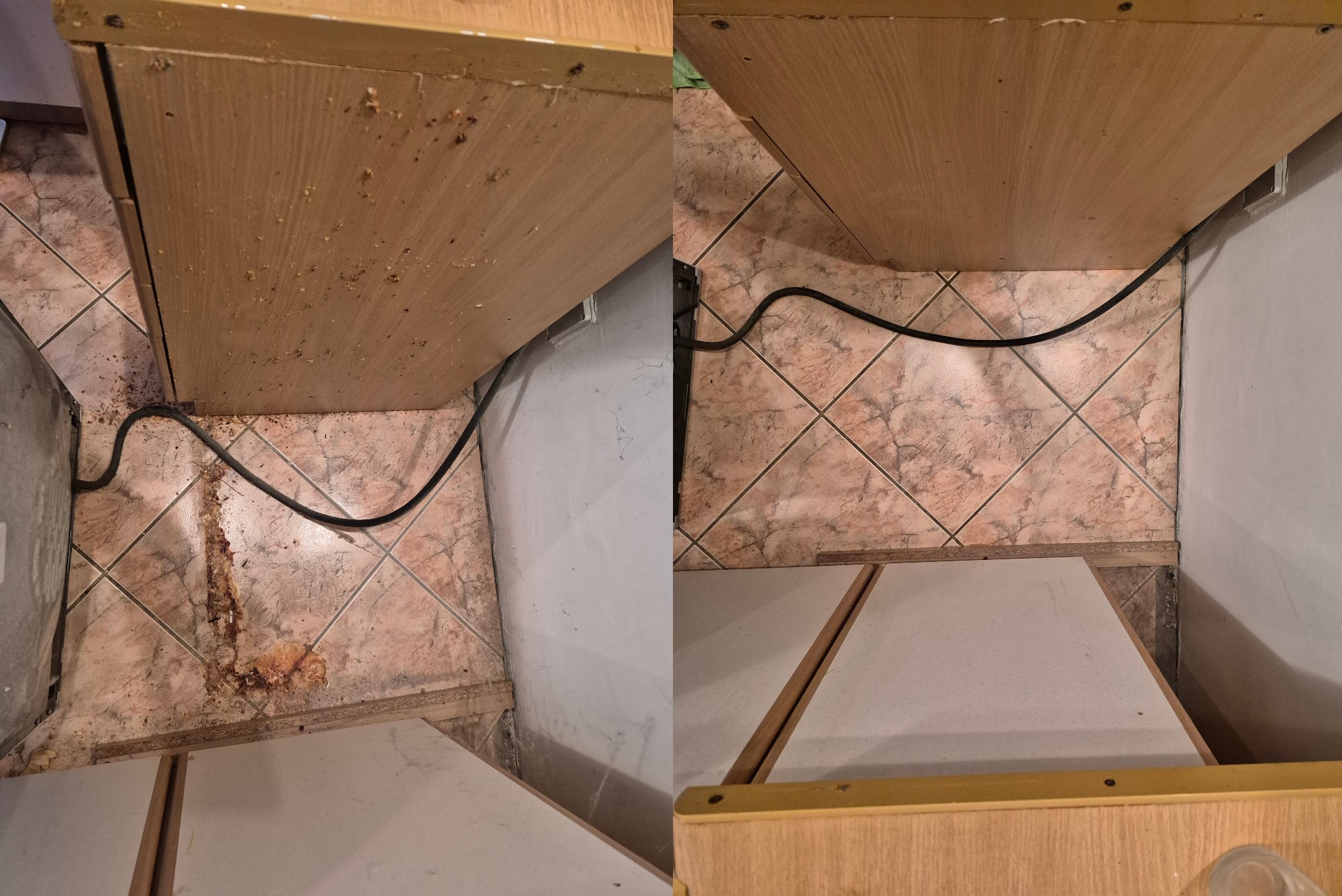 Zdjęcie 'przed i po' sprzątania pod szafką kuchenną. Po lewej brudna podłoga i szafka, po prawej czysta podłoga i szafka. Widoczne płytki i kabel.