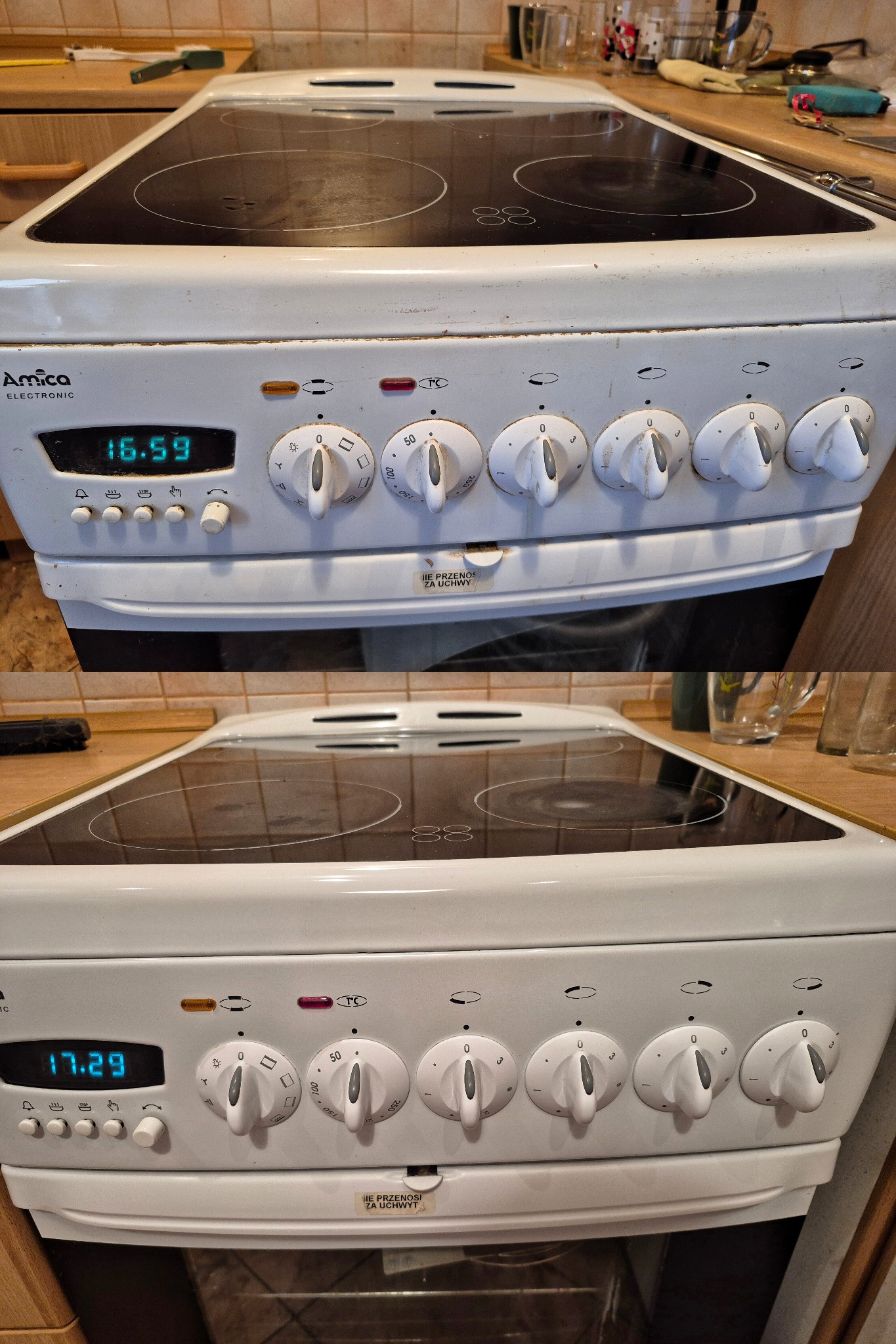 Dwa ujęcia tej samej, brudnej, białej kuchenki elektrycznej Amica. Widoczne zabrudzenia na płycie grzewczej i panelu sterowania z pokrętłami.