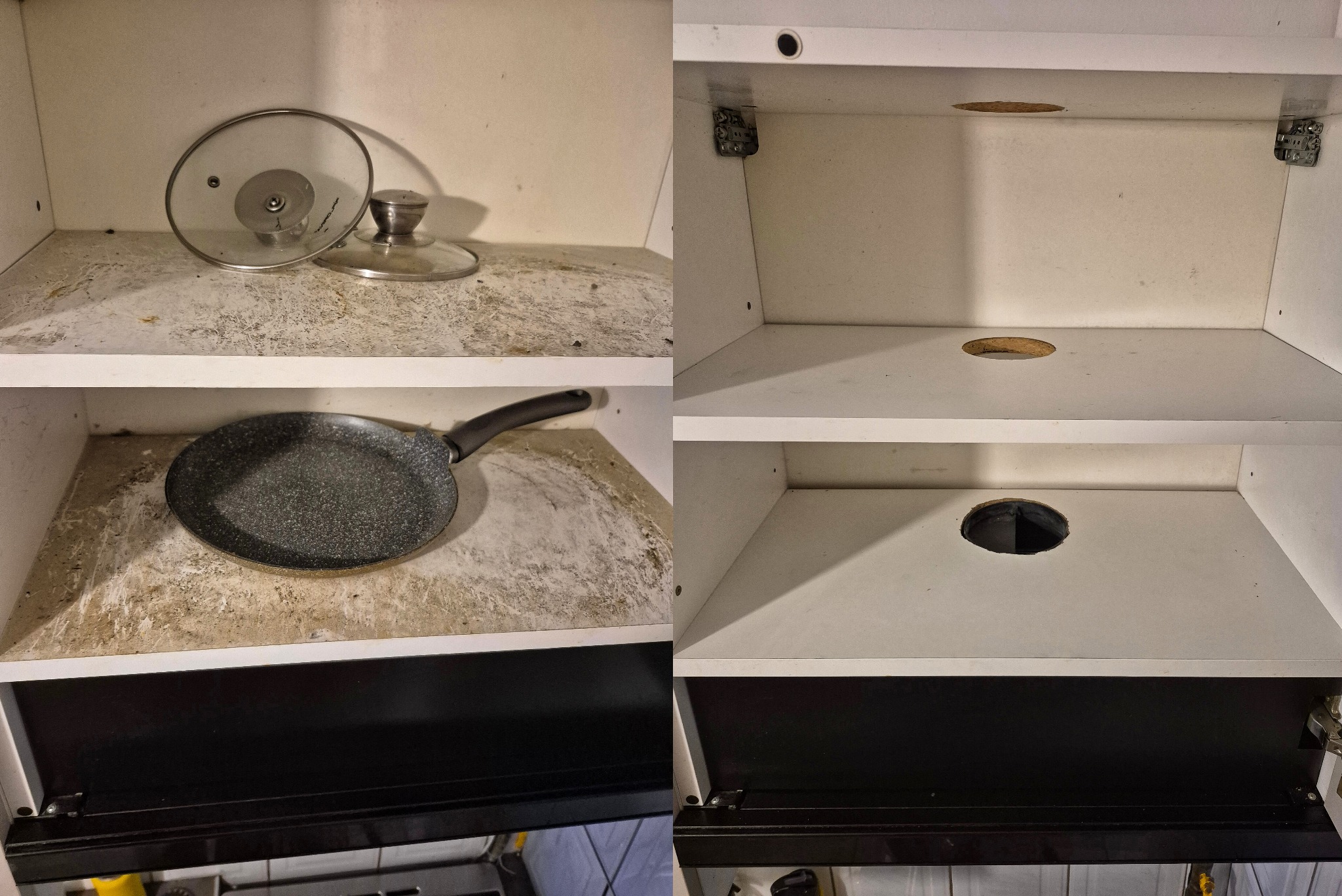 Szafka kuchenna przed i po czyszczeniu: po lewej brudna półka z patelnią i pokrywką, po prawej czysta, biała szafka z otworami. Widoczny kontrast.