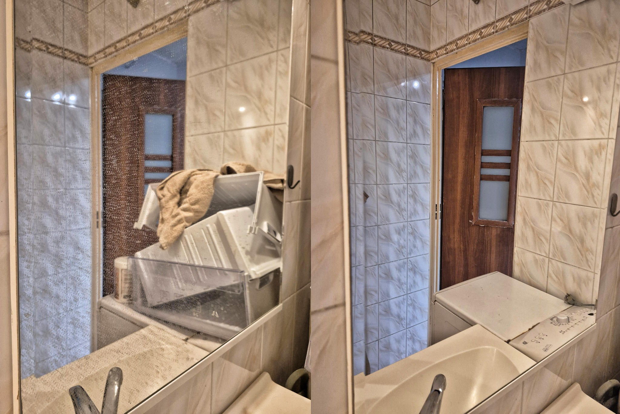 Łazienka przed i po umyciu lustra. Po lewej brudne lustro, po prawej czyste, odbijające pralkę i drzwi. Widoczne płytki na ścianach.