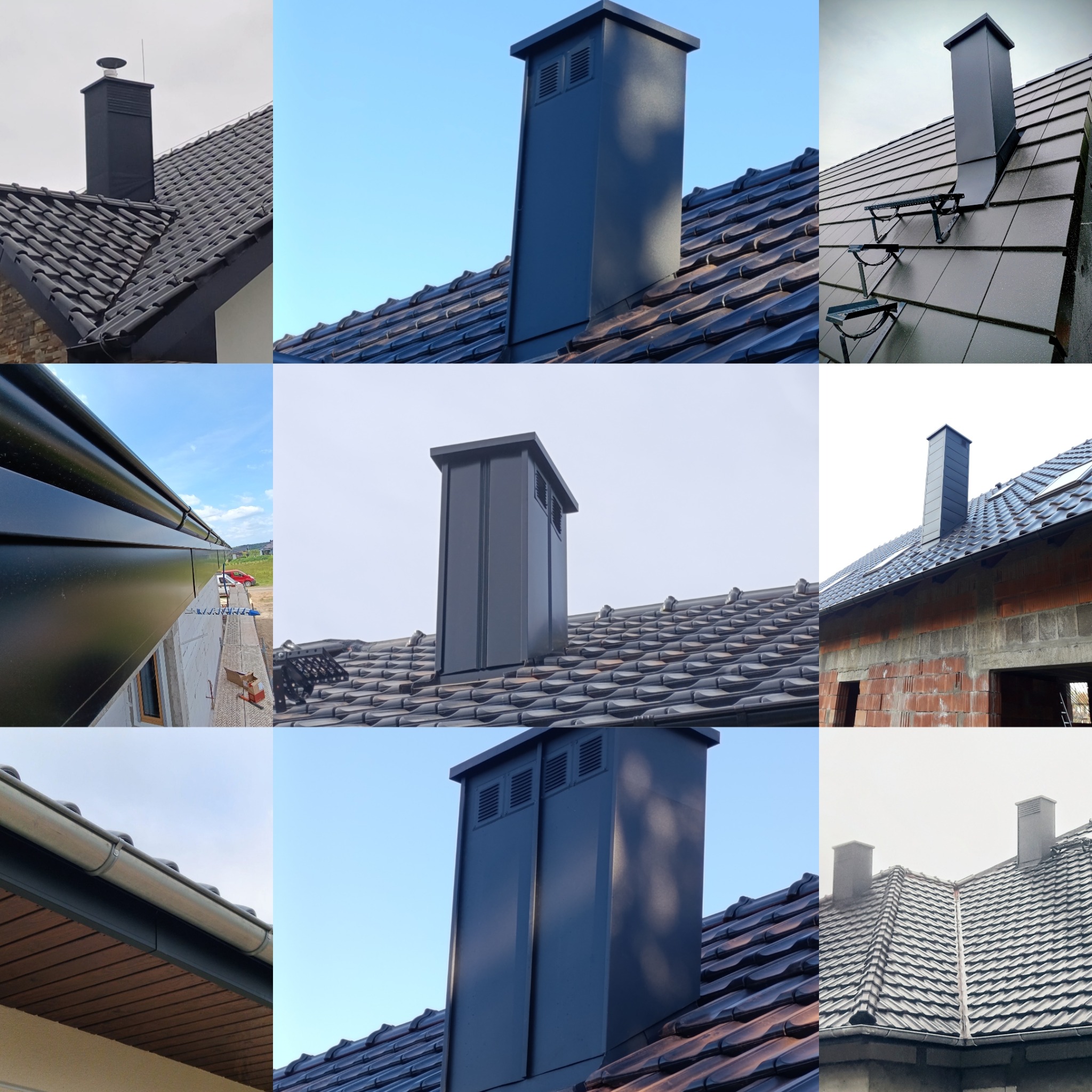 Kolaż detali dachu: kominy wentylacyjne z blachy w różnych ujęciach, rynny z bliska, dachówka ceramiczna. Prezentacja obróbek blacharskich.