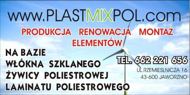 Reklama firmy Plastmixpol z Jaworzna, oferującej produkcję, renowację i montaż elementów z włókna szklanego, żywicy poliestrowej i laminatu poliestrowego, na tle nieba i turbiny wiatrowej.