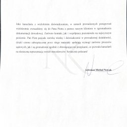 Znajde.to - Formalny list referencyjny od Kancelarii Adwokackiej Michał Nowak, chwalący współpracę przy gromadzeniu dokumentacji dowodowej do spraw sądowych. Widoczny podpis i dane kontaktowe.