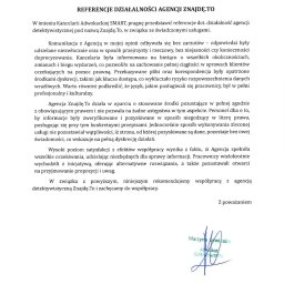 Znajde.to - Formalne referencje od Kancelarii Adwokackiej SMART dla agencji detektywistycznej Znajdę.To, podkreślające profesjonalizm, dyskrecję i zgodność z prawem, z widocznym podpisem.