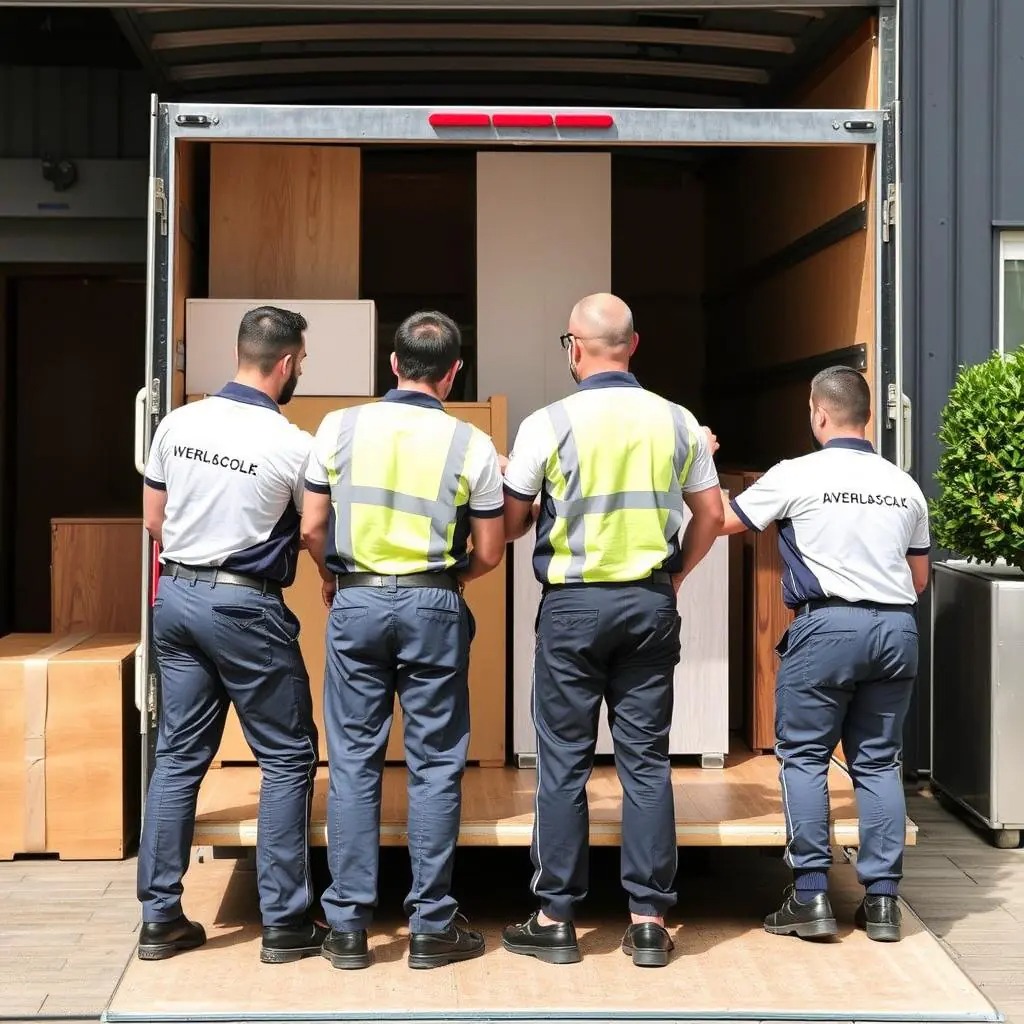 Czterech pracowników w uniformach rozładowuje meble z ciężarówki, widok z tyłu, skupienie na załadunku i zespole.