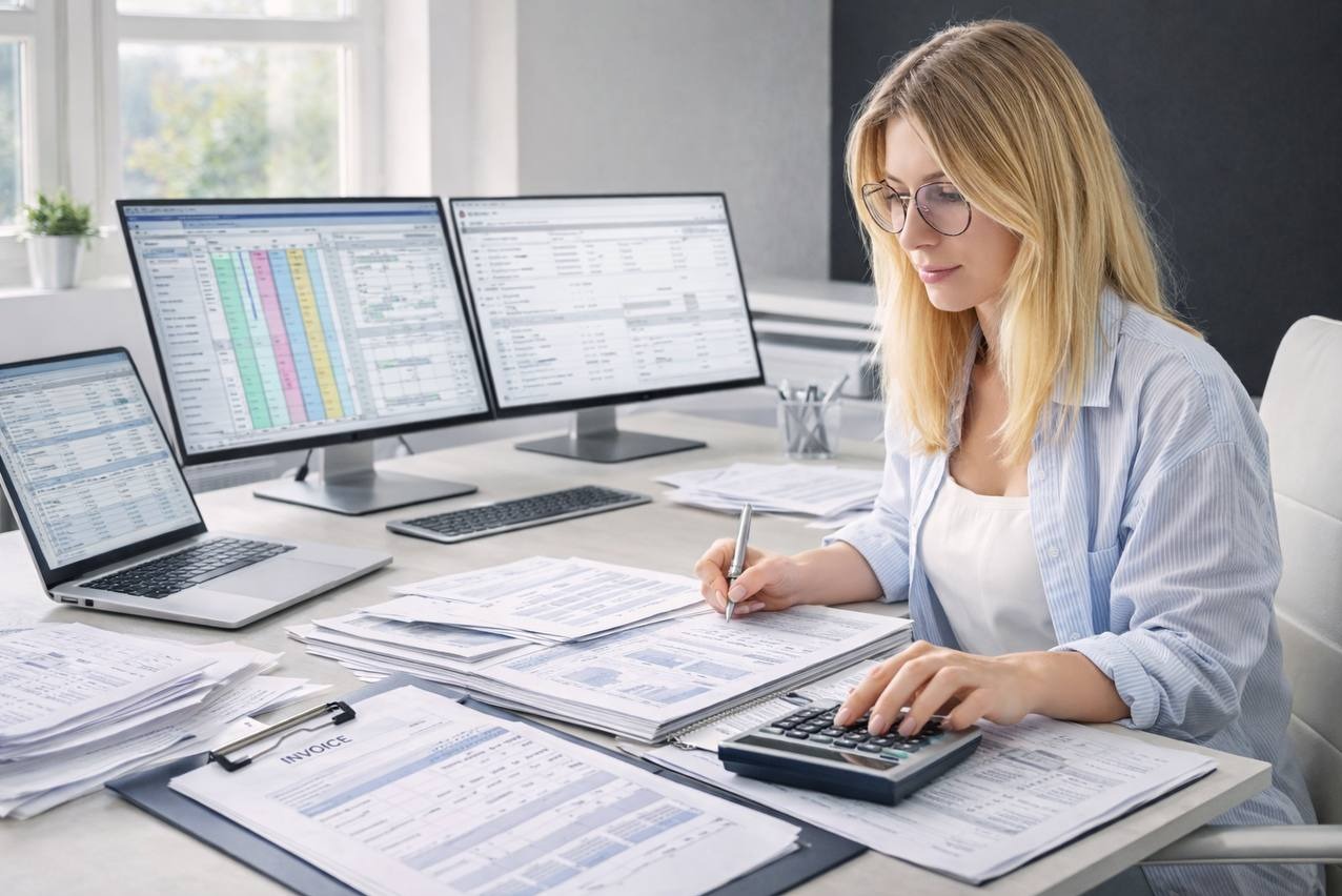 Blondynka w okularach, przy biurku z dwoma monitorami, laptopem i kalkulatorem, wypełnia dokumenty. Widoczne faktury i arkusze kalkulacyjne.