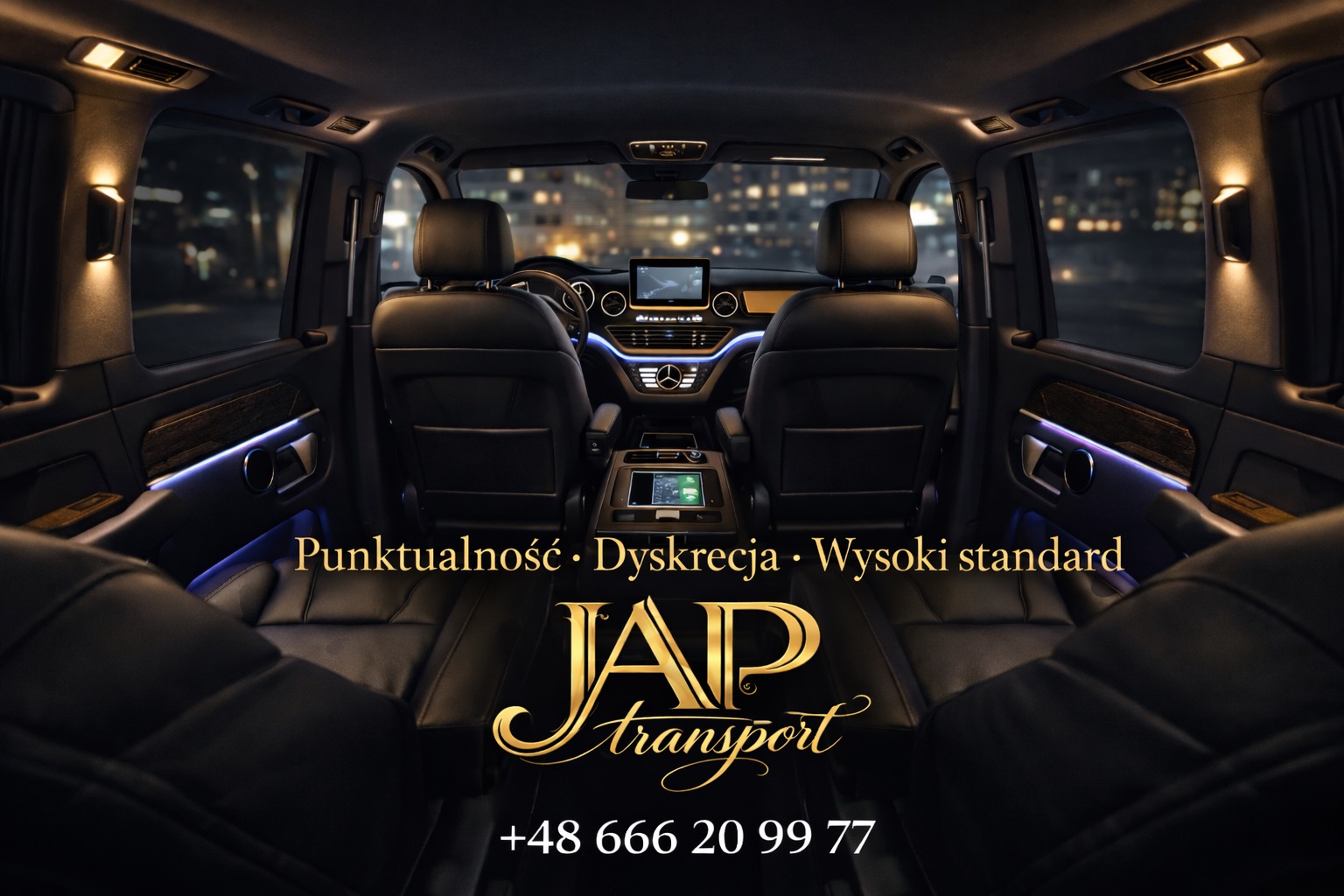 Luksusowe wnętrze busa z czarnymi skórzanymi fotelami, nastrojowym oświetleniem LED i widokiem na nocne miasto. Komfortowy przewóz osób.