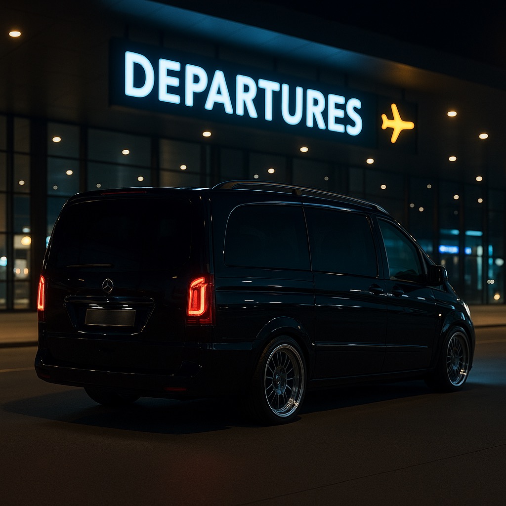 Czarny Mercedes Vito z chromowanymi felgami stoi przed oświetlonym budynkiem lotniska z napisem 'Departures' i symbolem samolotu.