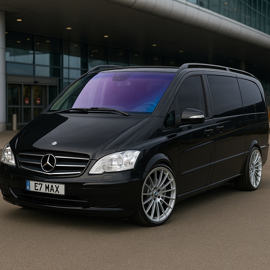 Czarny, luksusowy Mercedes Vito z przyciemnianymi szybami i aluminiowymi felgami, zaparkowany przed nowoczesnym budynkiem z przeszkloną fasadą. Tablica rejestracyjna E7 MAX.