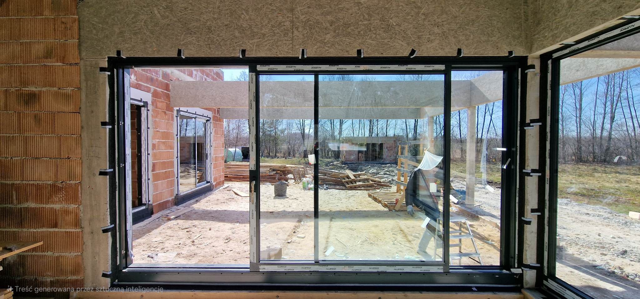 Czarne, aluminiowe drzwi przesuwne z widokiem na plac budowy i las w tle. Widoczne cegły i elementy konstrukcyjne budynku w surowym stanie.