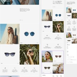 Hello Media - Zrzut ekranu strony internetowej z prezentacją okularów przeciwsłonecznych i modelką, w jasnej kolorystyce, z elementami tekstowymi i graficznymi.