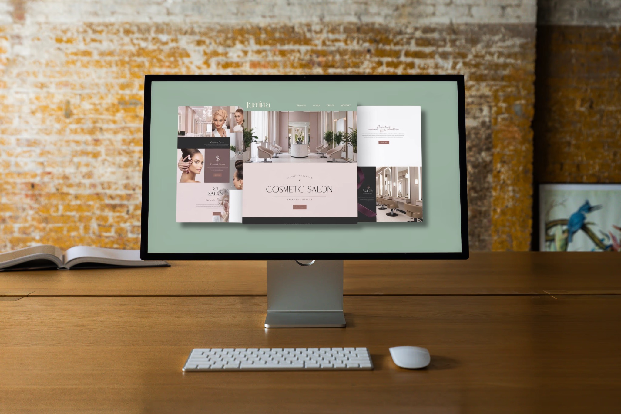 Monitor wyświetla stronę internetową salonu kosmetycznego na drewnianym biurku z klawiaturą i myszką. W tle ceglana ściana i książka.