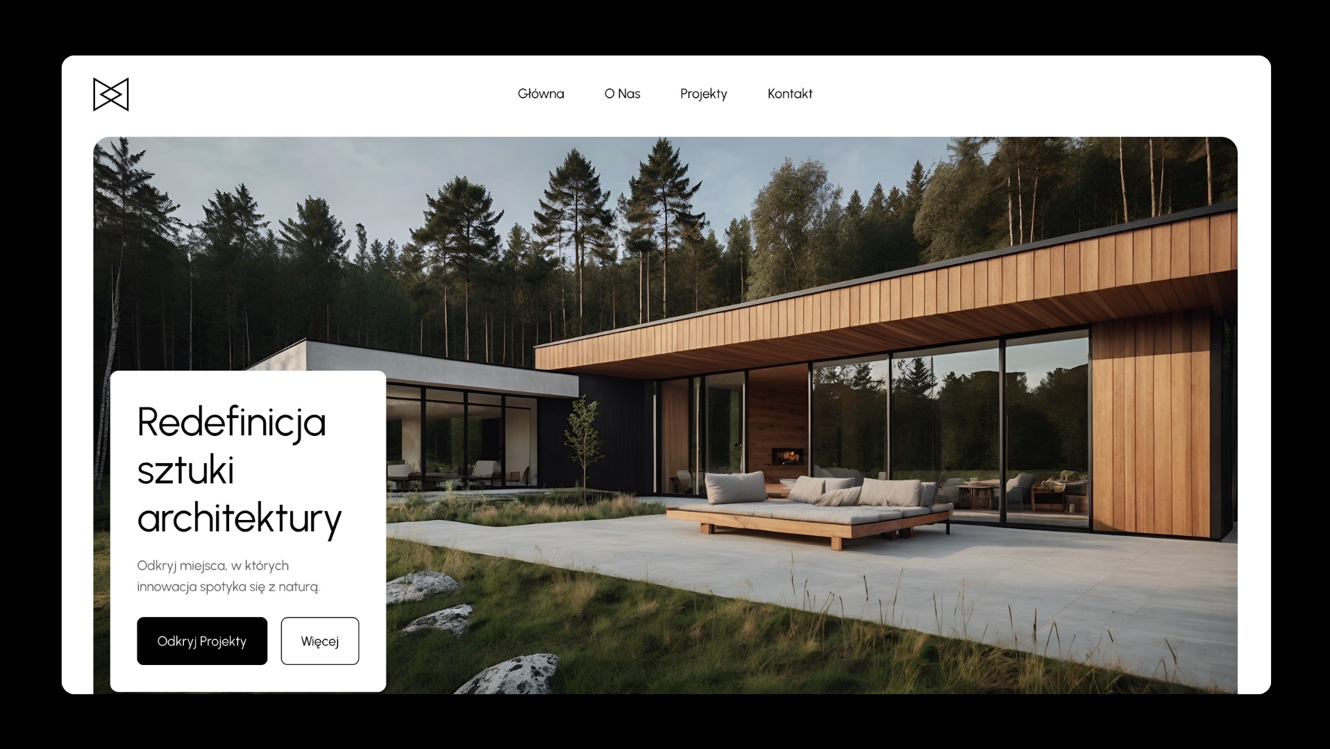 Minimalistyczna strona internetowa z wizualizacją nowoczesnego domu z drewna i szkła, otoczonego zielenią. Układ strony z menu i hasłem o architekturze.