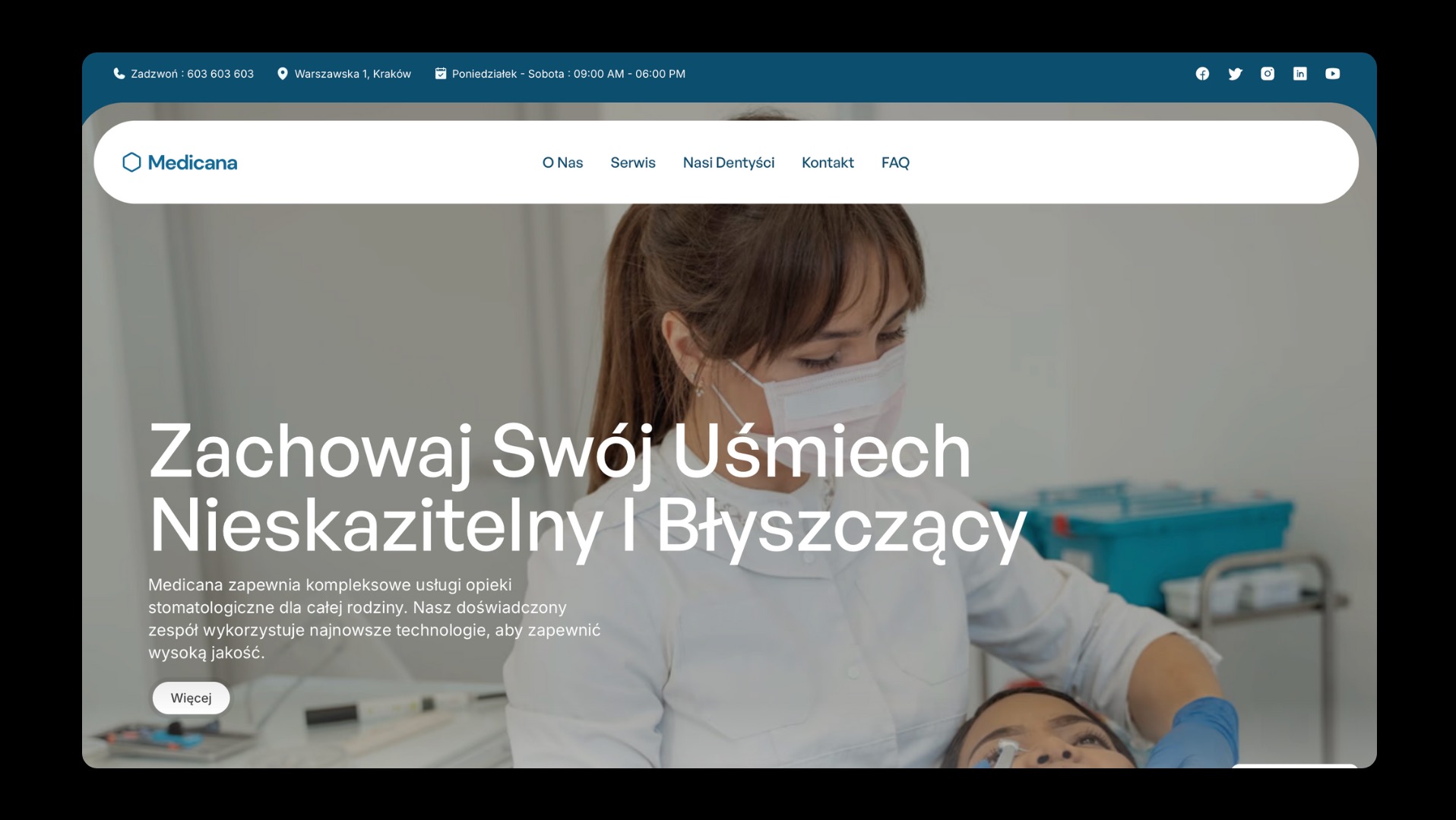 Strona internetowa kliniki dentystycznej Medicana z hasłem 'Zachowaj Swój Uśmiech Nieskazitelny I Błyszczący' i zdjęciem dentystki w trakcie zabiegu.