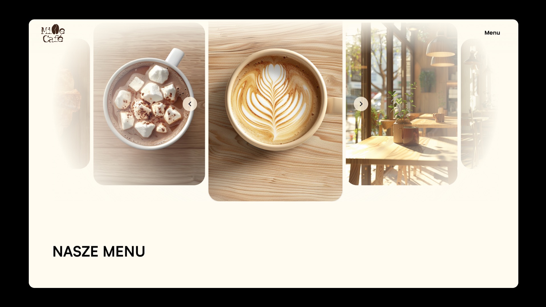 Menu kawiarni w Iwoniczu z kawą latte, gorącą czekoladą z piankami i widokiem na wnętrze lokalu. Prezentacja oferty w formie karuzeli.