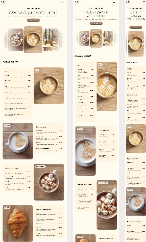 Projekt strony internetowej kawiarni z menu, prezentujący napoje (kawa, herbata, czekolada) i croissanty na drewnianym tle. Minimalistyczny design, ciepła kolorystyka.