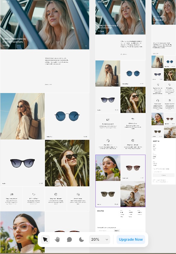 Zrzut ekranu strony internetowej z prezentacją okularów przeciwsłonecznych i modelką, w jasnej kolorystyce, z elementami tekstowymi i graficznymi.