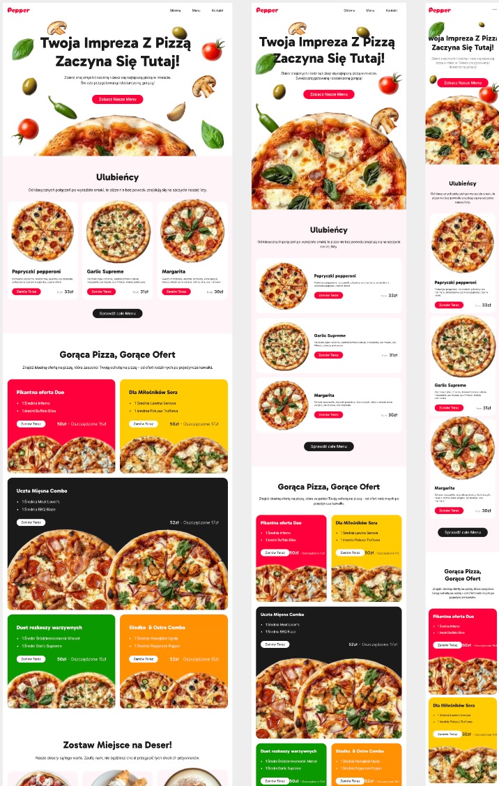 Projekt strony internetowej pizzerii z ofertami specjalnymi i menu, prezentujący apetyczne pizze i promocje w nowoczesnym układzie graficznym.