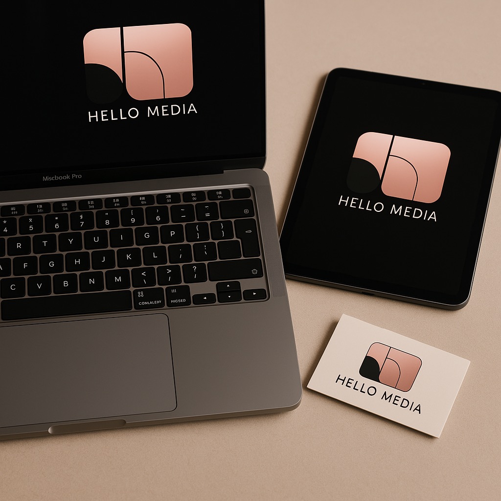 Laptop, tablet i wizytówka z identycznym logo 'Hello Media' w odcieniach różu i czerni, ułożone na beżowym tle. Prezentacja wizualna marki.