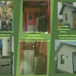 KATO FIRMA HANDLOWO - USŁUGOWA TOMASZ TEJS - Kolaż zdjęć: wymiana kotła stałopalnego na pompę ciepła i kocioł pelletowy z automatycznym sterowaniem, ocieplenie ścian zewnętrznych z wymianą stolarki.