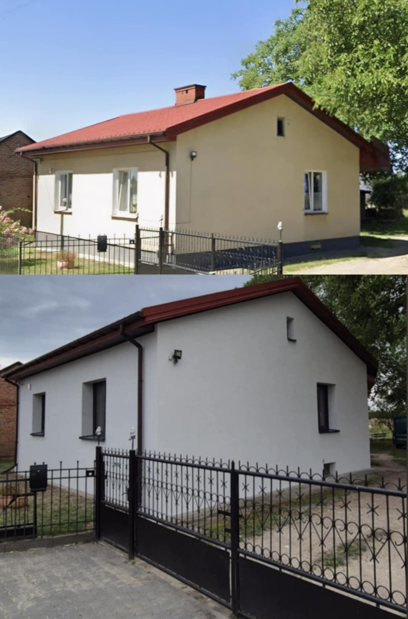 Dom jednorodzinny przed i po remoncie elewacji. Górna część zdjęcia prezentuje budynek z żółtą elewacją, dolna po remoncie z białą elewacją i nową bramą.