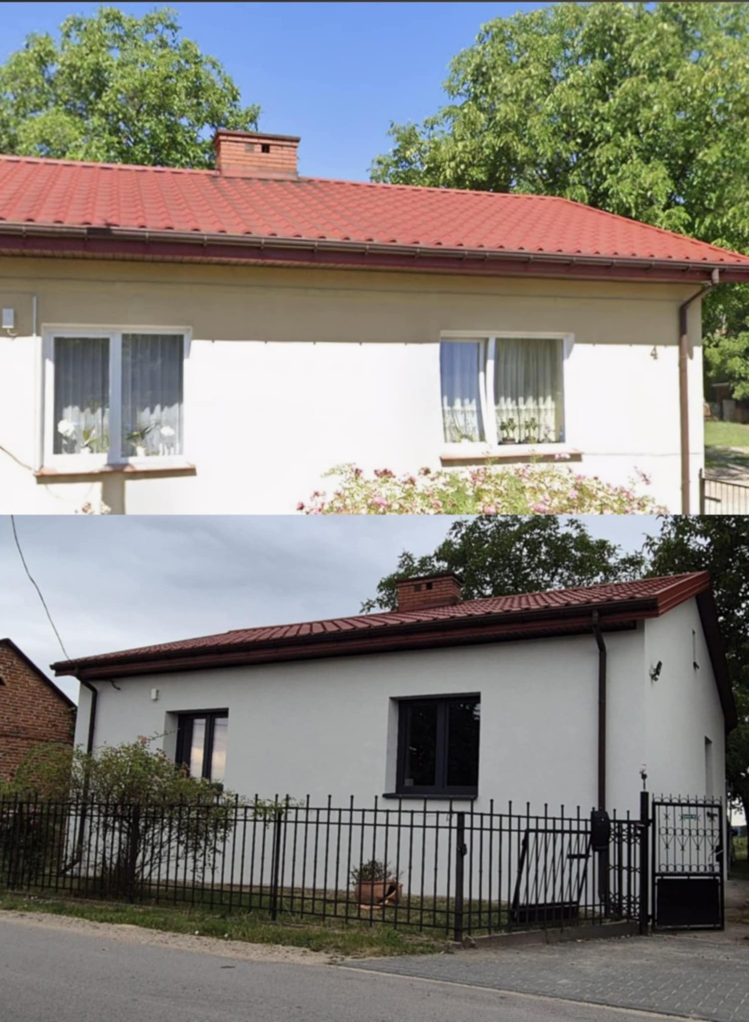 Dom po remoncie elewacji i wymianie okien, widok z zewnątrz. Górna część zdjęcia przedstawia stan przed remontem, dolna po remoncie. Czerwony dach, biała elewacja.