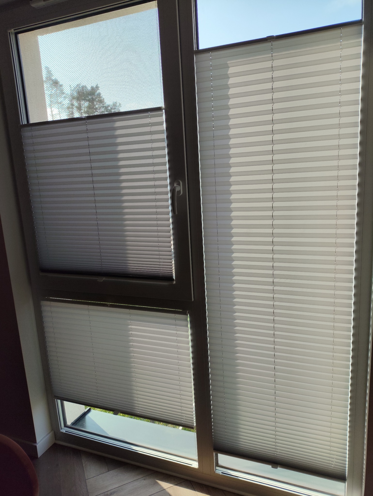 Okno dachowe z zamontowanymi, plisowanymi roletami w kolorze jasnym. Widoczne drzewa za oknem i fragment podłogi. Rolety częściowo zasłonięte.