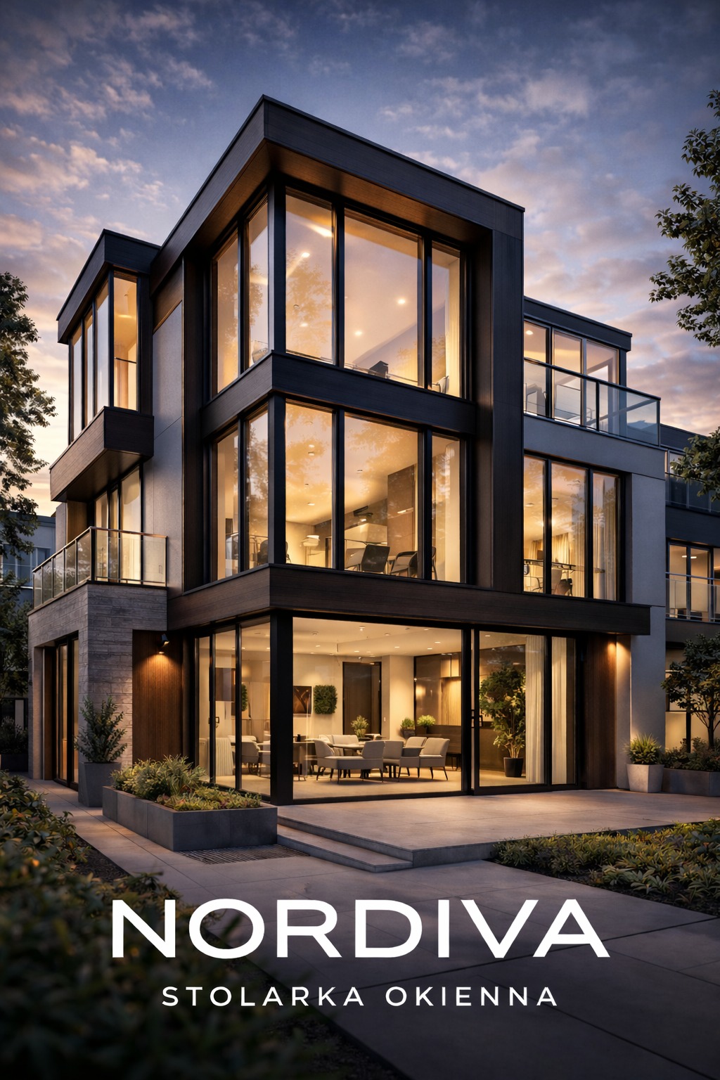Nowoczesny, trzypiętrowy dom z dużymi przeszkleniami i czarną stolarką okienną, oświetlony ciepłym światłem wieczornym. Widoczne logo 'NORDIVA STOLARKA OKIENNA'.