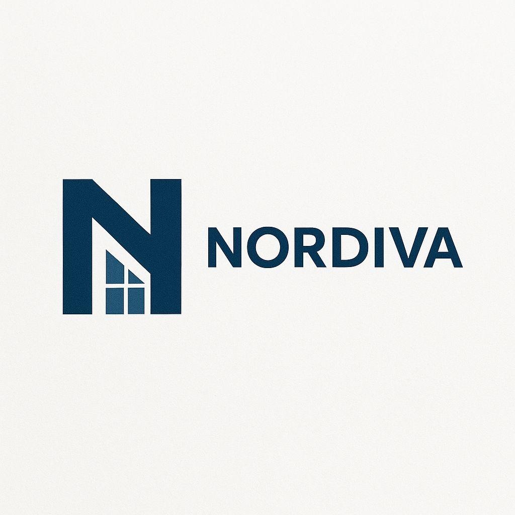 Logo firmy Nordiva z Pruszcz Gdański. Litera N z motywem okna, obok nazwa firmy. Minimalistyczny design na jasnym tle.