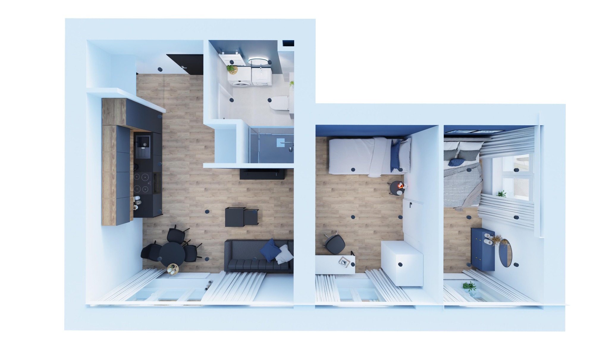 Widok z góry na plan mieszkania: kuchnia z jadalnią, łazienka z pralką, dwie sypialnie z łóżkami i oknami. Jasne wnętrze, drewniane podłogi, minimalistyczny design.