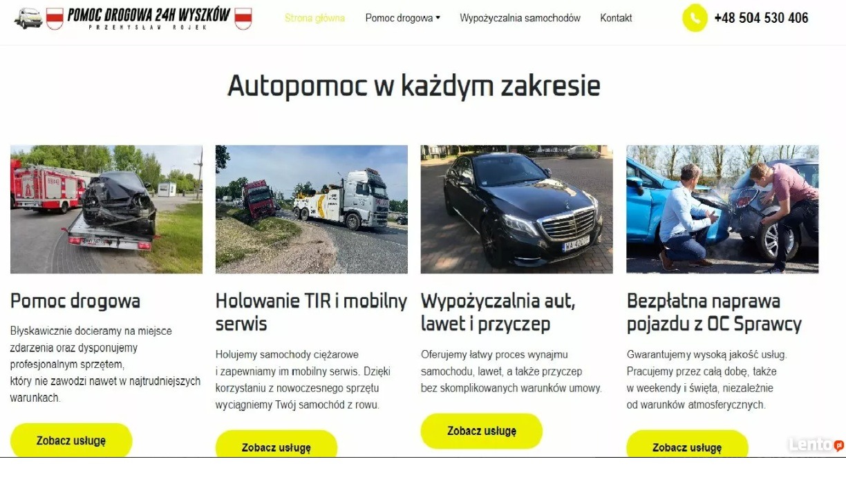 Strona internetowa firmy oferującej pomoc drogową, holowanie TIR, wypożyczalnię aut i naprawy z OC sprawcy. Widoczne zdjęcia lawet, holowników i uszkodzonych aut.