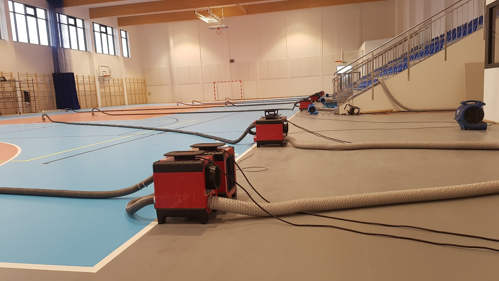 Osuszanie podposadzkowe hali sportowej: czerwone osuszacze z szarymi wężami na parkiecie i szarej posadzce, widoczne trybuny i drabinki gimnastyczne.