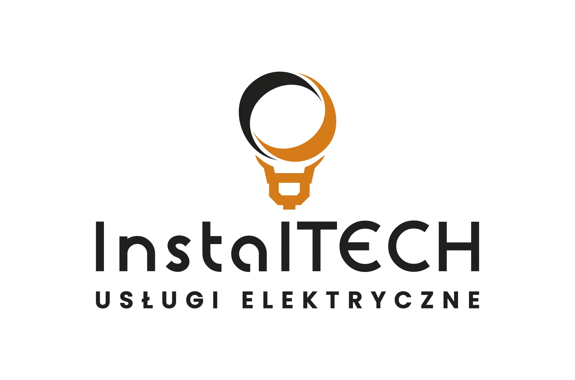 Logo firmy InstalTECH Usługi Elektryczne z symbolem żarówki w kolorach czarnym i pomarańczowym na białym tle.
