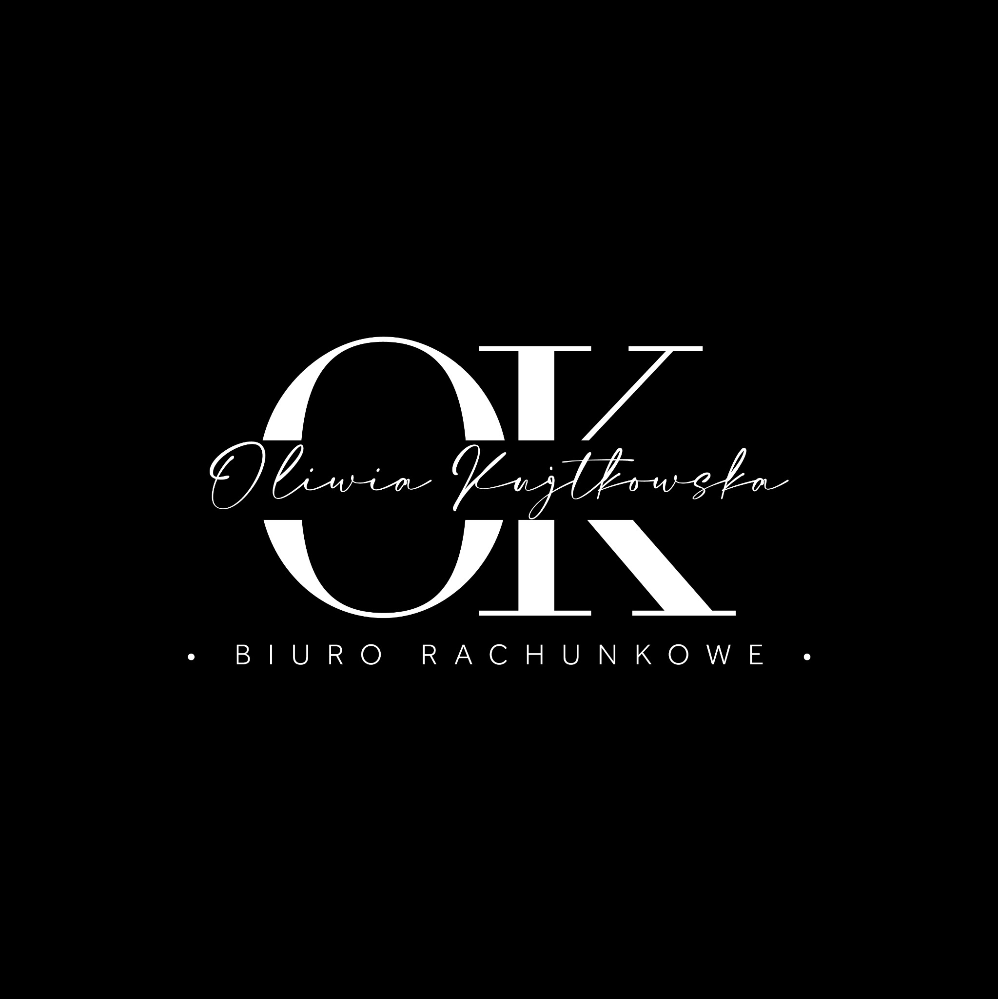 Eleganckie logo biura rachunkowego Oliwia Kujtkowska na czarnym tle. Minimalistyczny design z inicjałami OK i nazwą firmy.